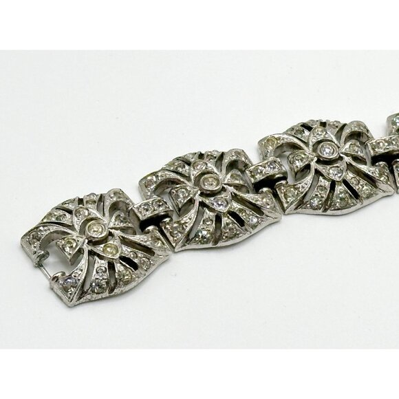 VINTAGE 1930'S KTF TRIFARI ART DECO RHINESTONE BRACELET SIGNED RHODIUM PLATED - Picture 9 of 10